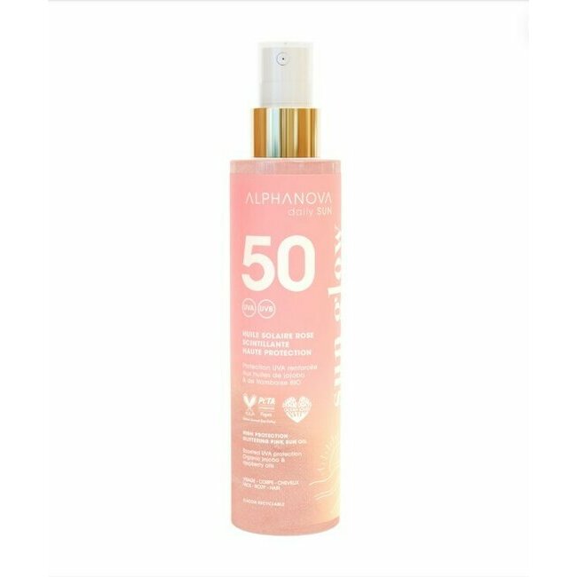 Huile solaire scintillante rose indice 50 coresponsable alphanova